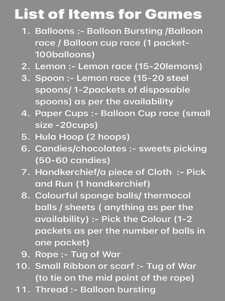 List Of Items For Games PDF