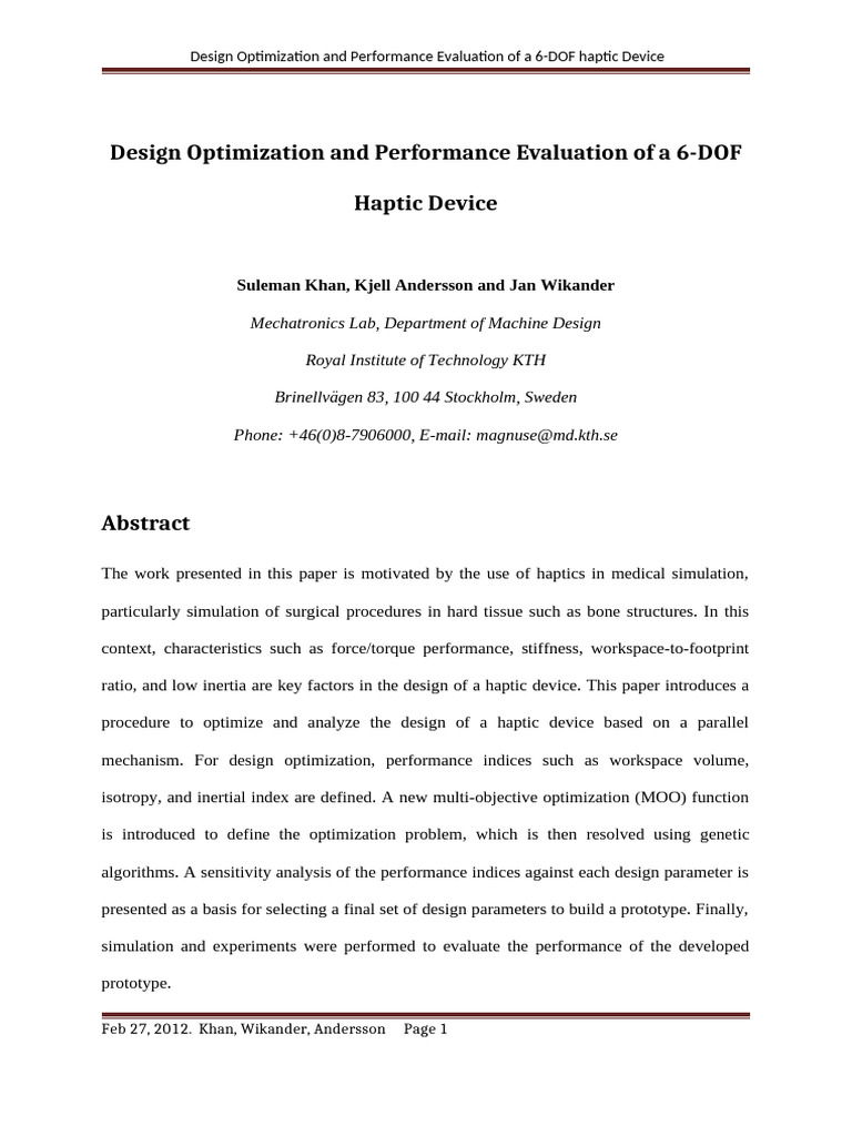 Design Optimization and Performance Evaluation of A 6-DOF Haptic Device ...
