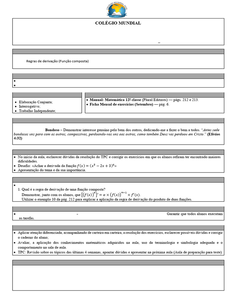 Plano de Aula 12 Classe - Regras de Derivação | PDF