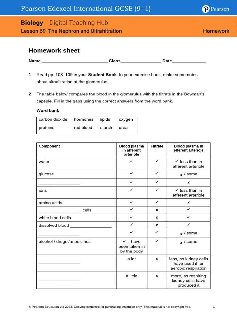 IG Biology Lesson69 Homework | PDF