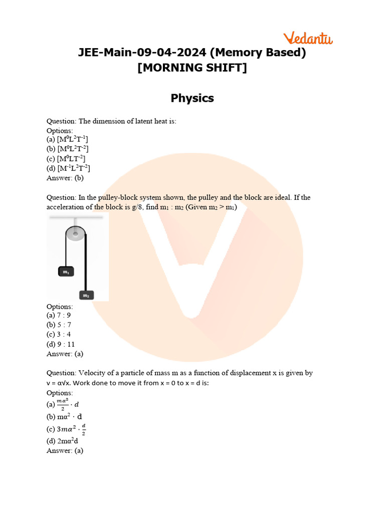 JEE Main 2024 (April 9 Shift 1) Physics Question Paper With Solutions ...