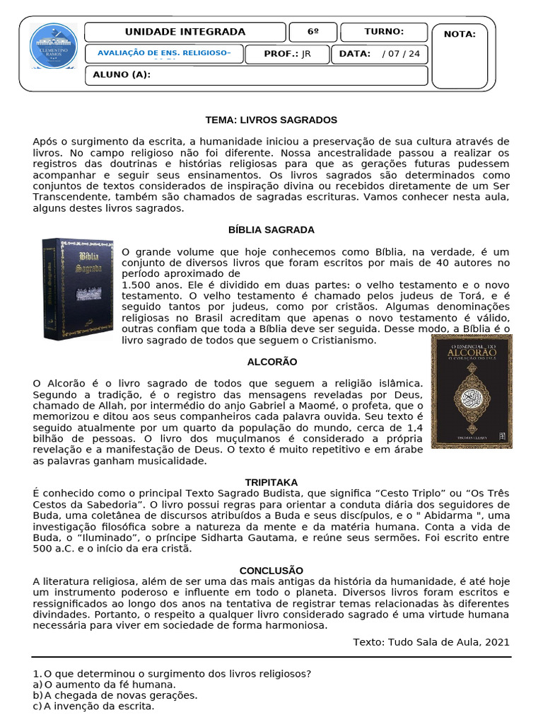 6 Ano - Ensino Religioso - 2 Bimestre | PDF