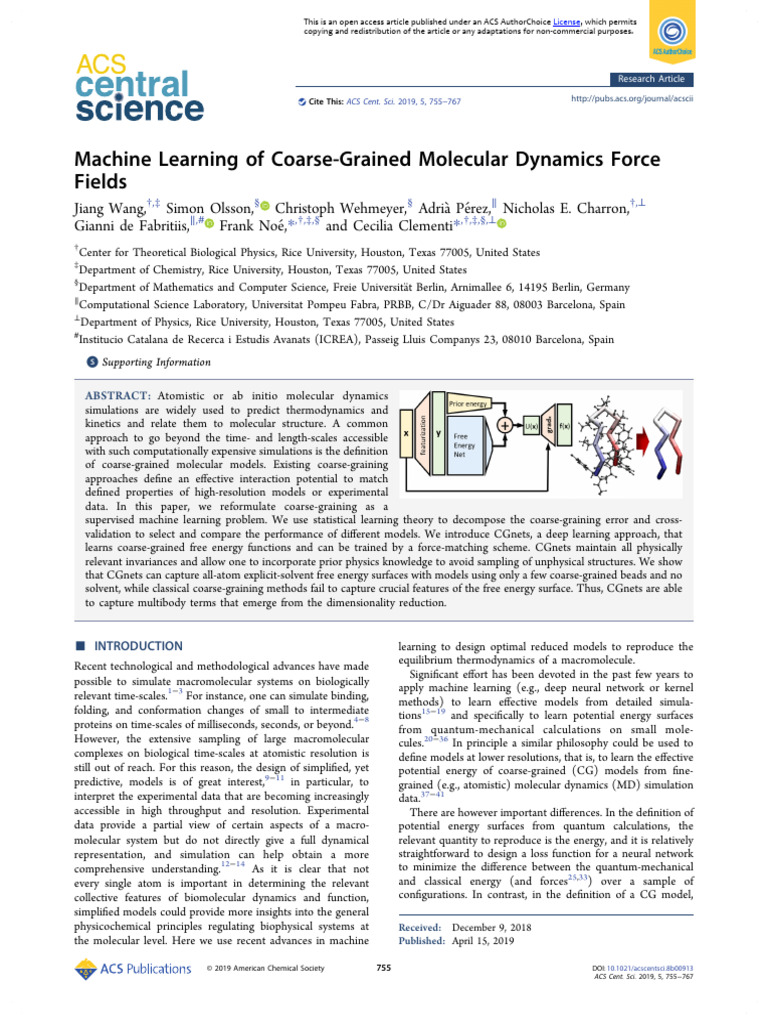 14 Machine Learning of Coarse-Grained Molecular Dynamics Force | PDF