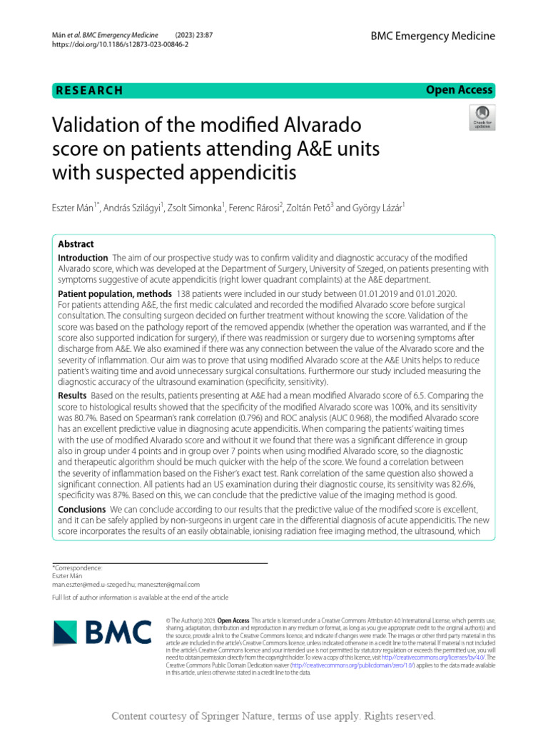Validation of The Modified Alvarado Score On Patie | PDF | Emergency ...