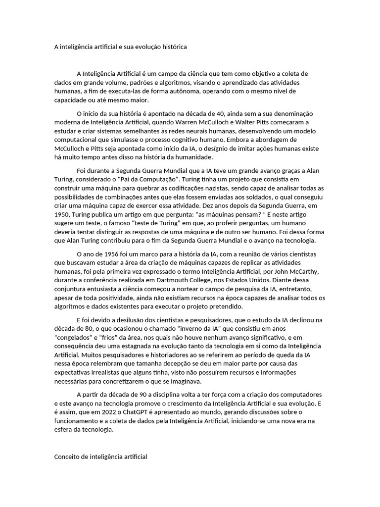 A Inteligência Artificial e Sua Evolução Histórica | PDF