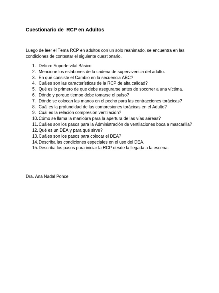 Cuestionario de RCP en Adultos | PDF