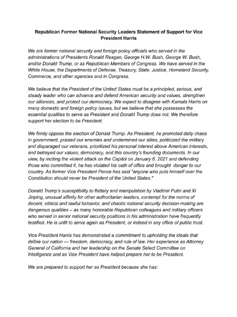 Republican Former National Security Leaders Statement of Support For ...