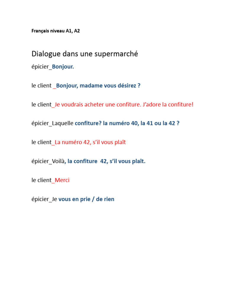 Français Niveau A1, A2 Dialogue Dans Une Supermarché | PDF