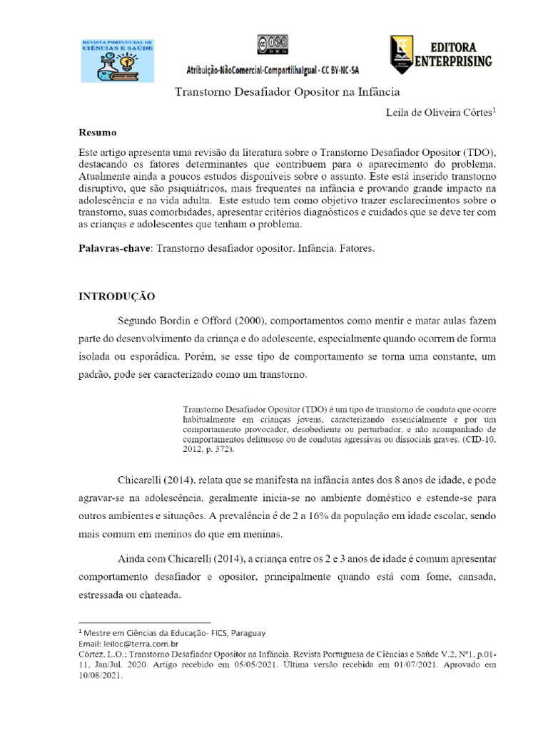 Transtorno Desafiador Opositor Na Infância | PDF