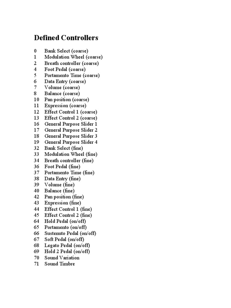 MIDI Specification Controller Numbers PDF Electronic Music Musical Instruments