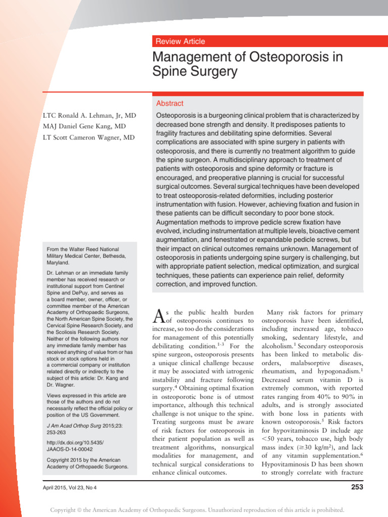 Management of Osteoporosis in Spine Surgery.7 | PDF