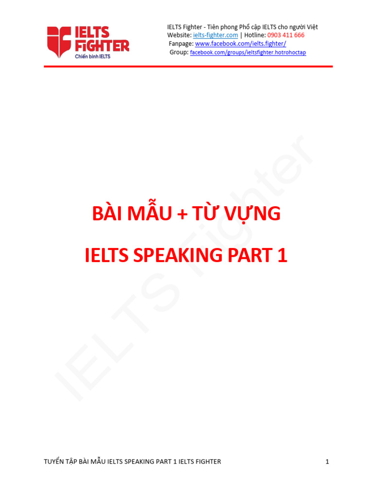 Tuyển tập bài mẫu Speaking Part 1 bởi IELTS Fighter | PDF