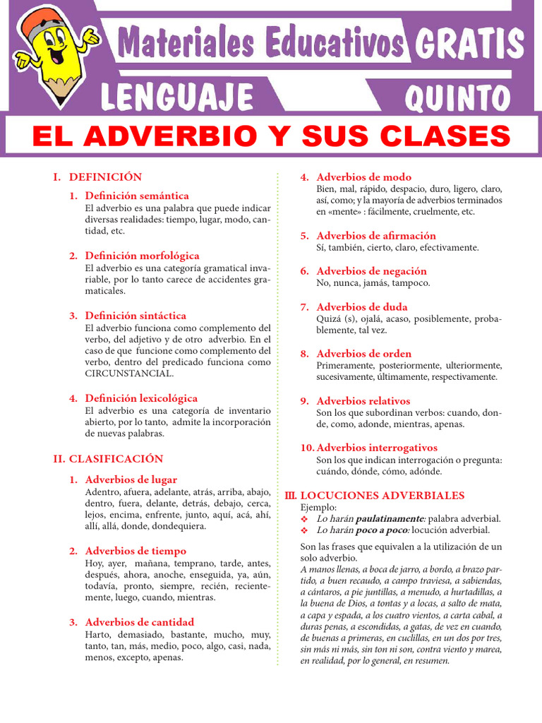Clasificacion Del Adverbio para Quinto Grado de Secundaria | PDF