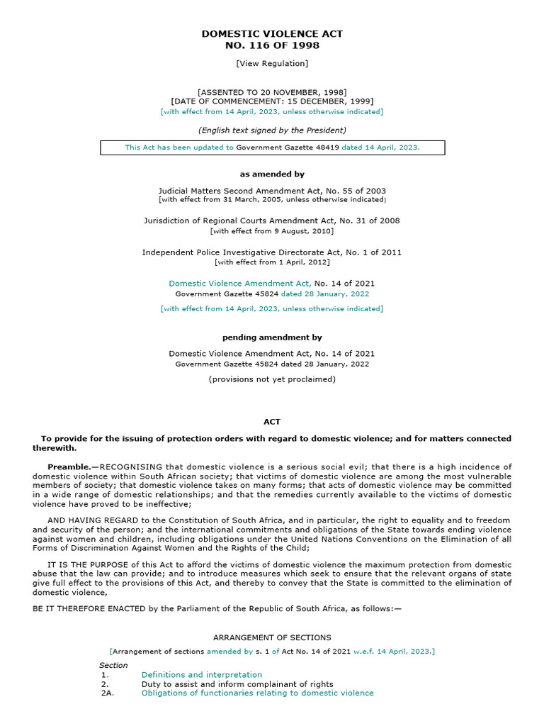 Domestic Violence Act No. 116 of 1998 | PDF