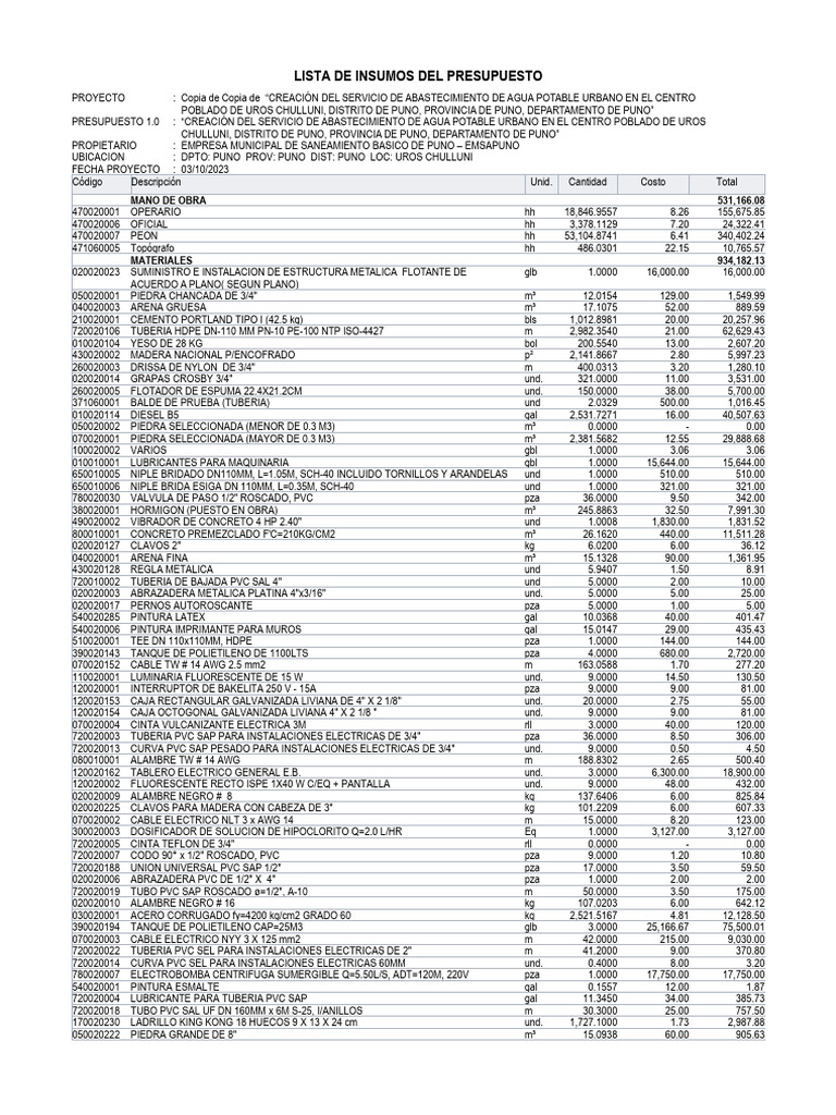 Insumos Final | PDF