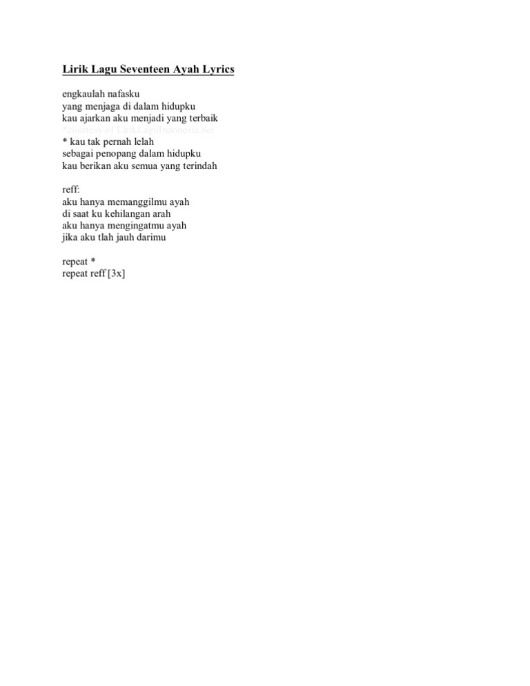 Lirik Lagu Seventeen Ayah Lyrics
