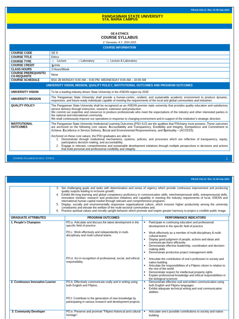 Ge 8 - Ethics - Syllabus 1ST Sem 2024-2025 | PDF