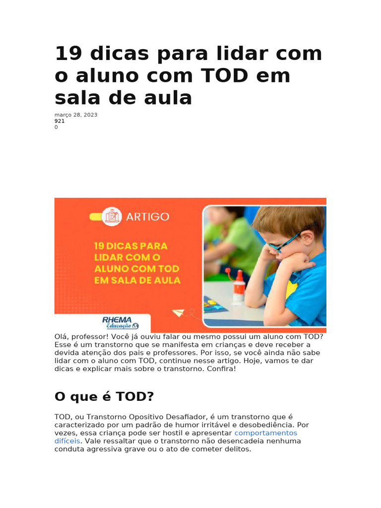 19 Dicas para Lidar Com o Aluno Com TOD em Sala de Aula | PDF