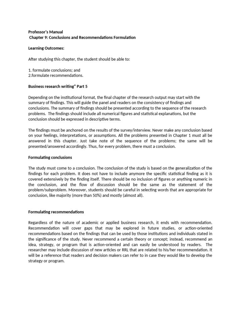 Manual Chapter 9 - Conclusions and Recommendations | PDF
