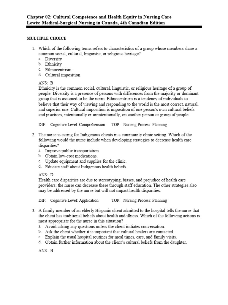 Chapter 02: Cultural Competence and Health Equity in Nursing Care Lewis ...