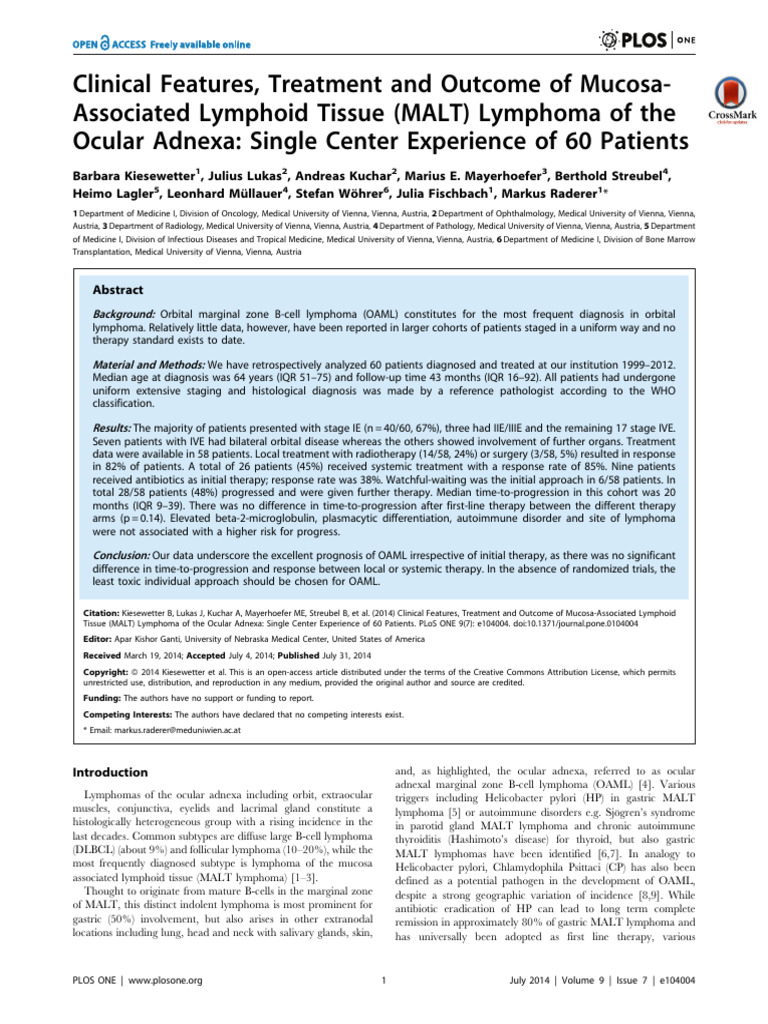 Clinical Features, Treatment and Outcome of MALT Lymphoma | PDF