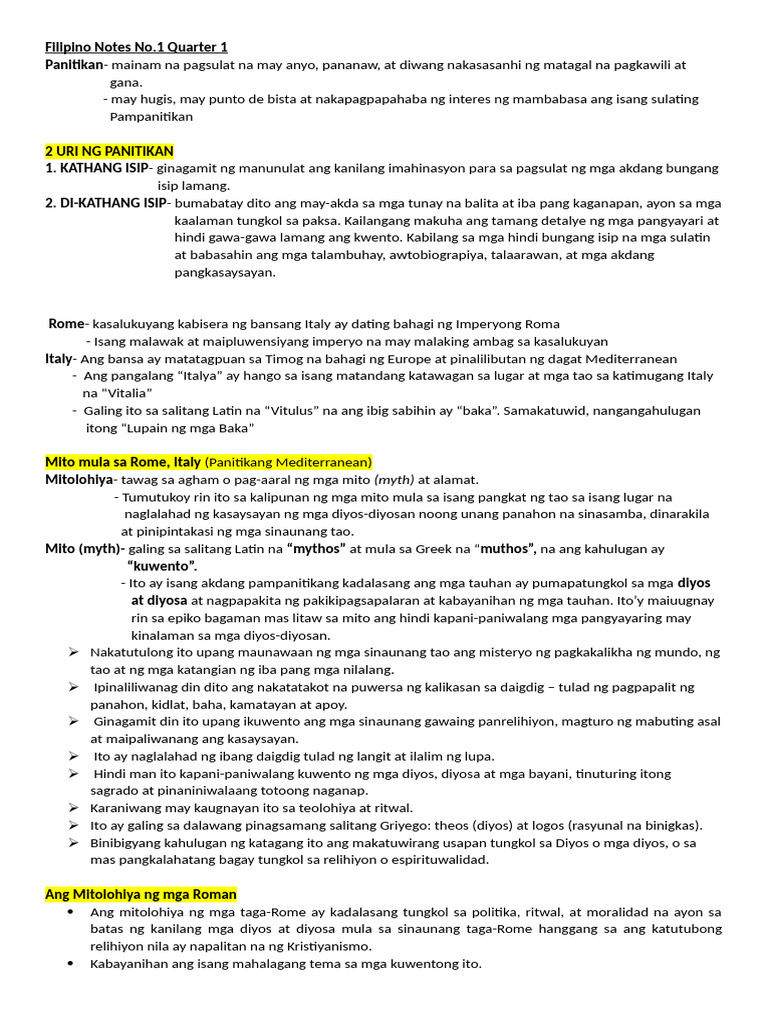 Filipino Notes No.1 Quarter 1 Panitikan: (Myth) | PDF