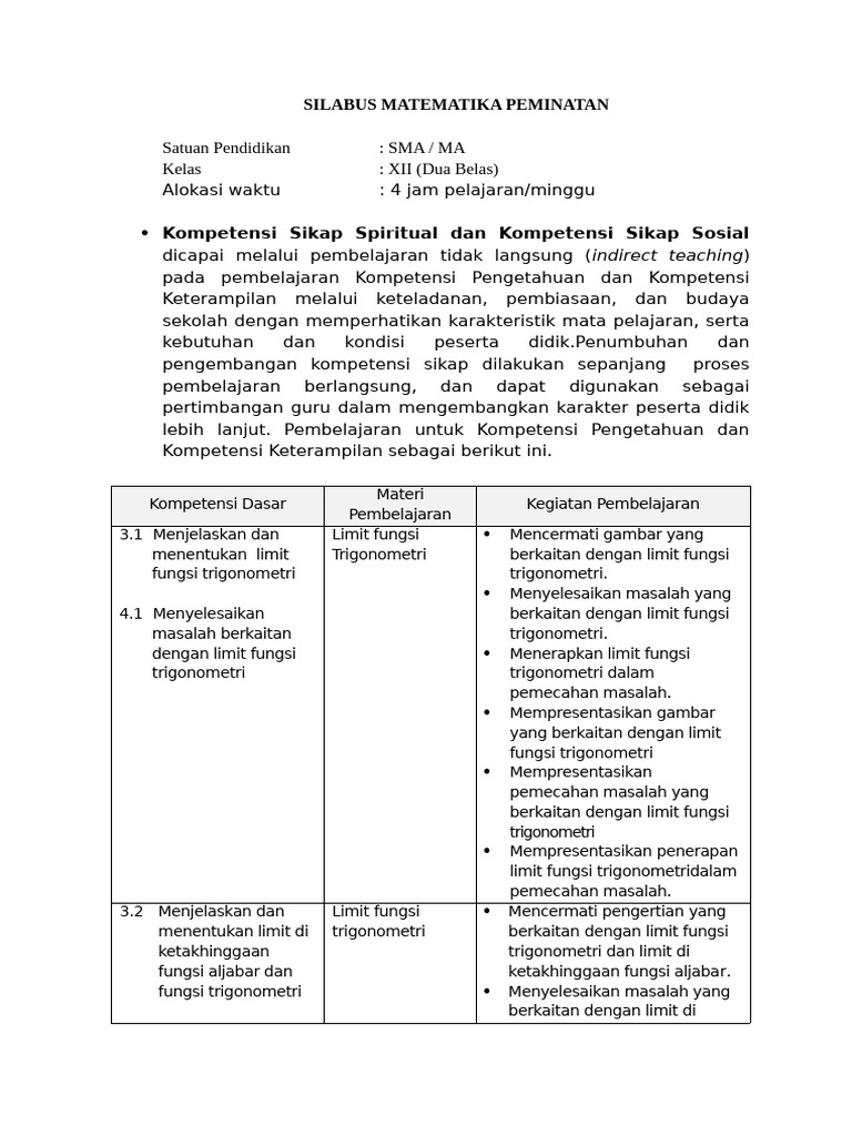 Silabus Matematika SMA Kelas XII | PDF | Metode & Bahan Ajar | Sains ...