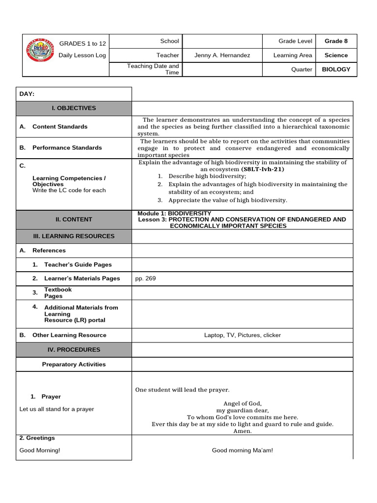 Lesson Plan Biodiversity | PDF