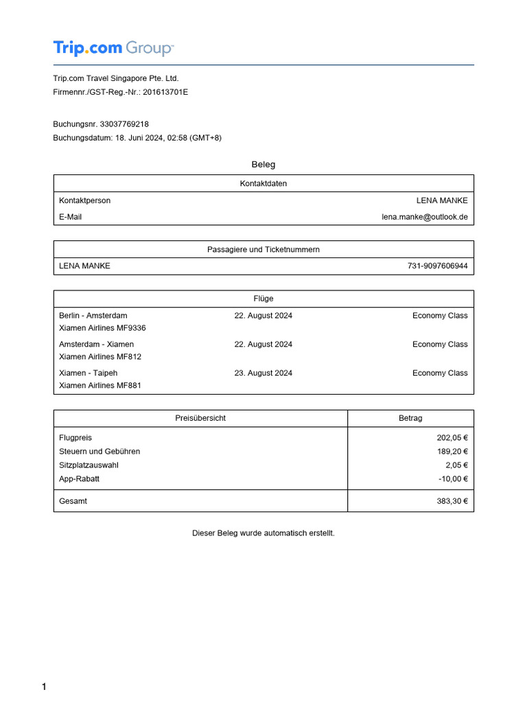 Beleg Flugbuchung | PDF