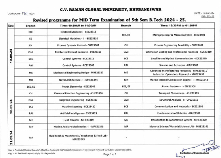 Revised Programme For MID Term Exam of 5th Sem B.Tech 2024 - 25. | PDF