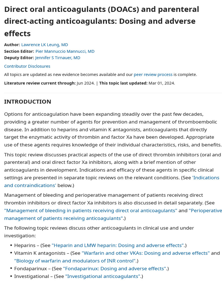 UpToDate Direct Oral Anticoagulants (DOACs) and Parenteral Direct ...