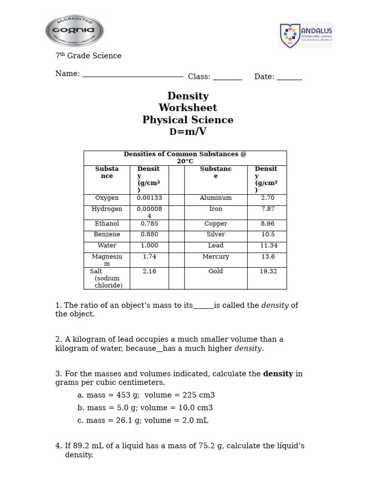 Density Worksheet PDF