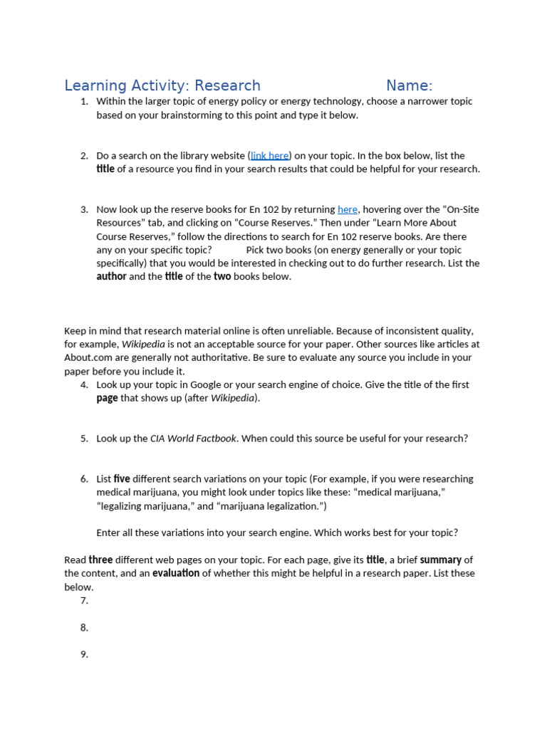 Learning Activity - Research Template - Updated Jan. 2024 | PDF