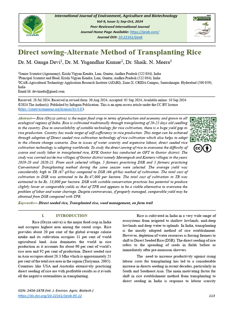 Direct Sowing-Alternate Method of Transplanting Rice | PDF | Rice ...