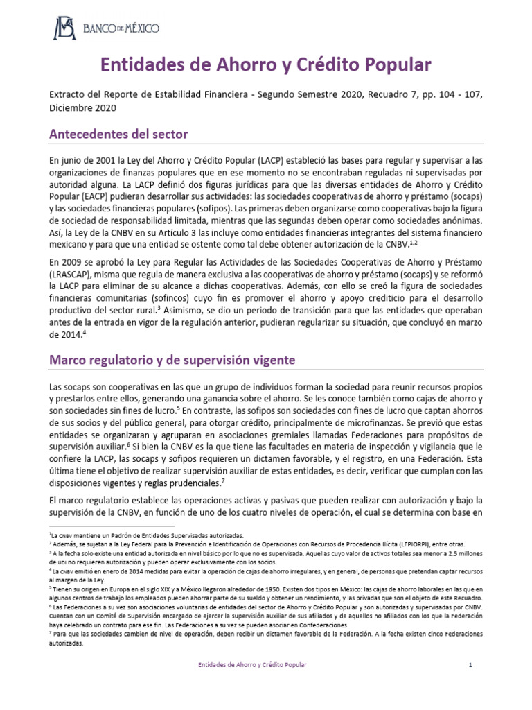 Entidades de Ahorro y Crédito Popular: Antecedentes Del Sector | PDF