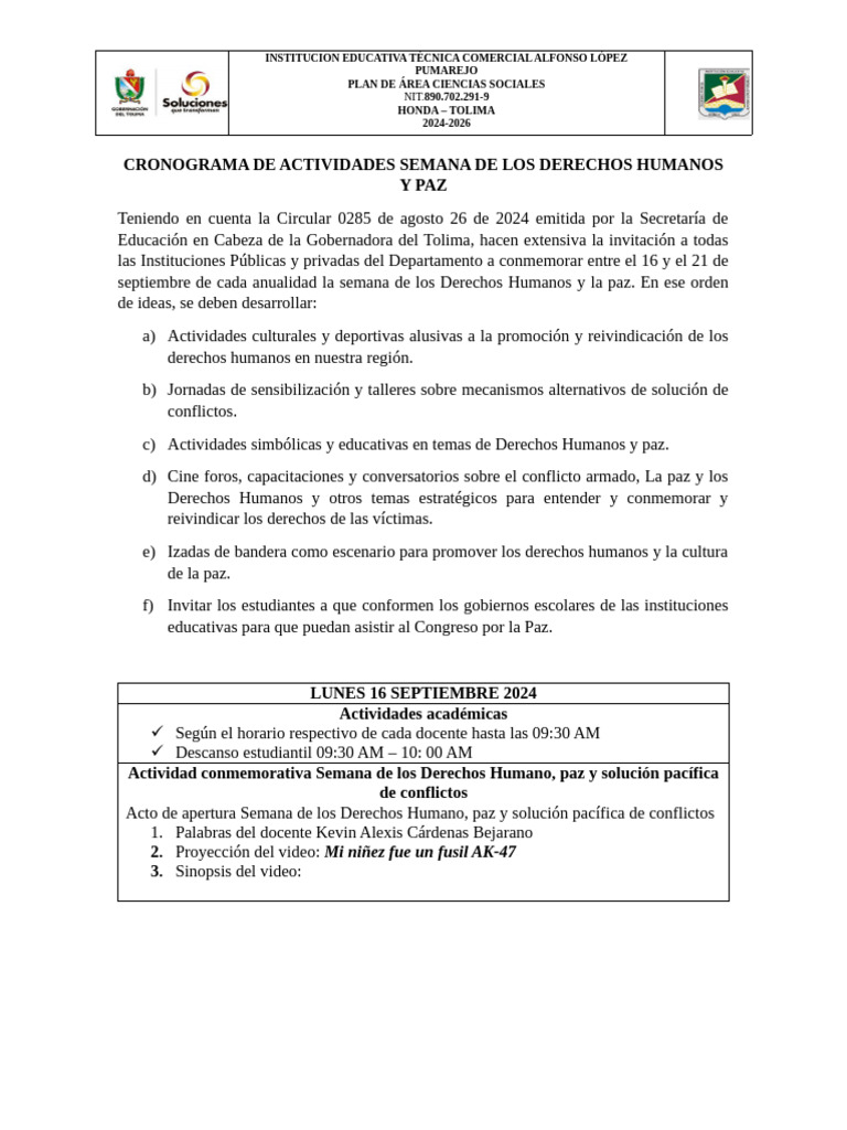 Cronograma de Actividades Semana de Los Derechos Humanos y Paz | PDF