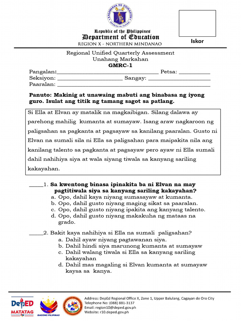 GMRC 1 1st Q Exams | PDF