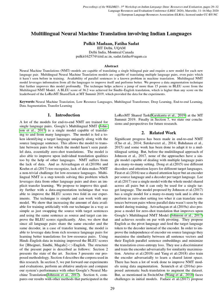 Multilingual Neural Machine Translation Involving Indian Languages | PDF