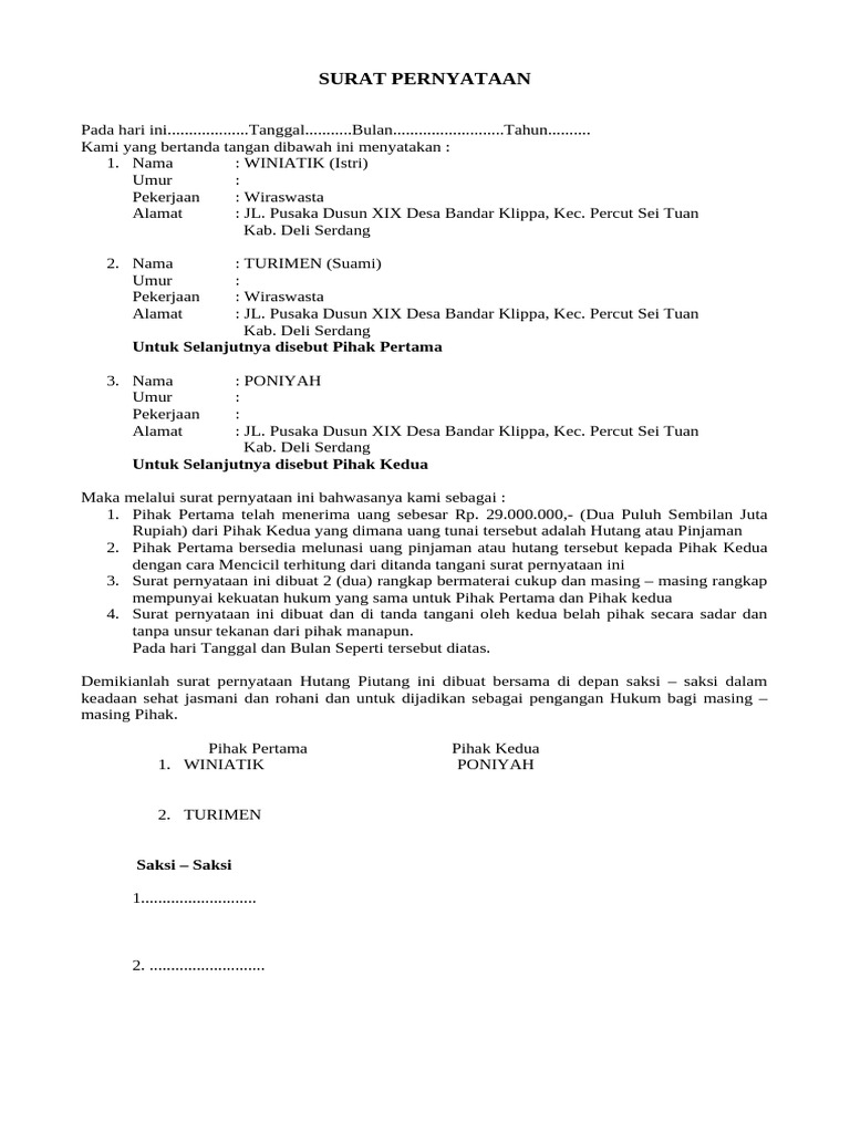 Surat Pernyataan Hutang Piutang Pdf