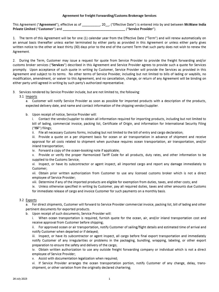 mcwane-india-form-agreement-for-freight-forwarders-customs-brokerage