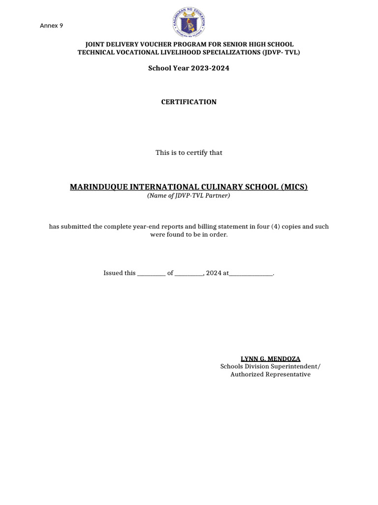 Annex 9 JDVP TVL SDO Certification | PDF