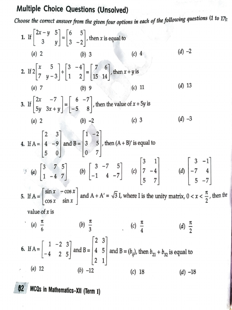 Matrices and determinants mcq pdf