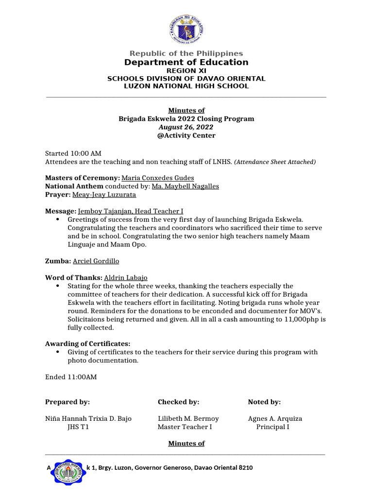Brigada Eskwela 2022 Closing Program Minutes (08.26.22) | PDF