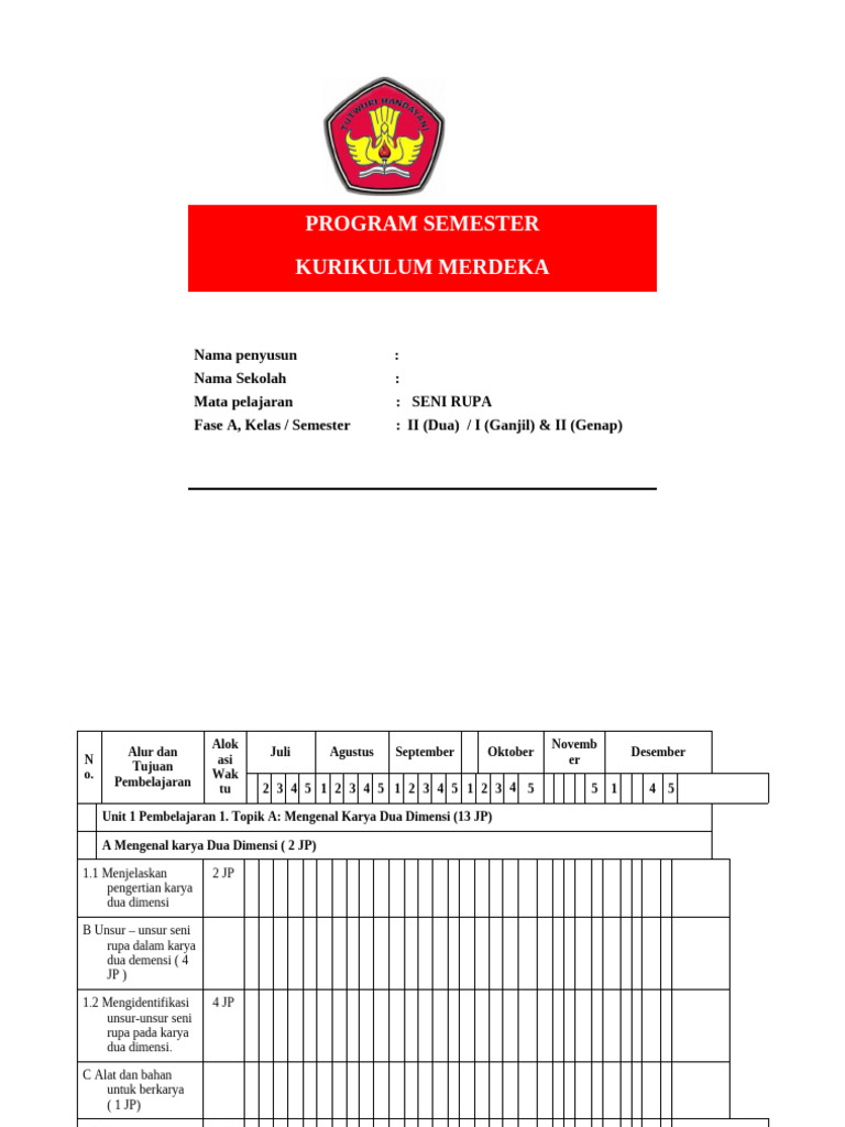 Prota dan Prosem Seni Rupa Kelas 2 | PDF | Language Arts & Discipline