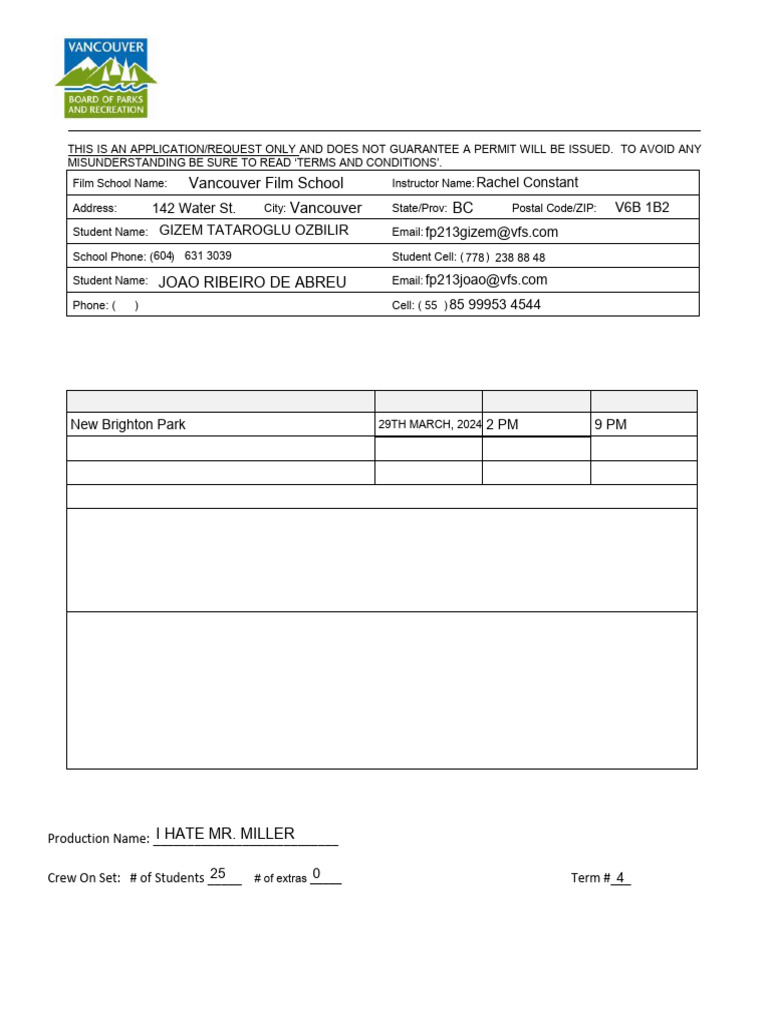 Vancouver Parks Filming Application Form | PDF