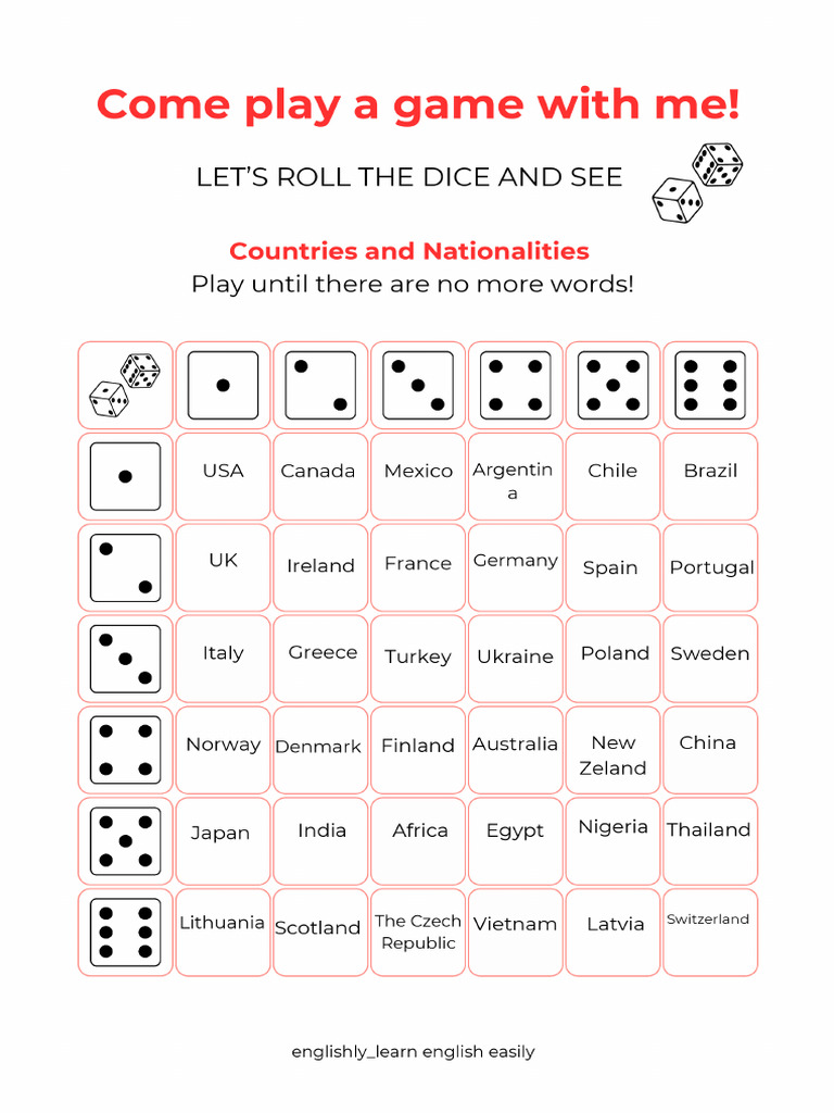 Let's Roll The Dice - Countries and Nationalities | PDF