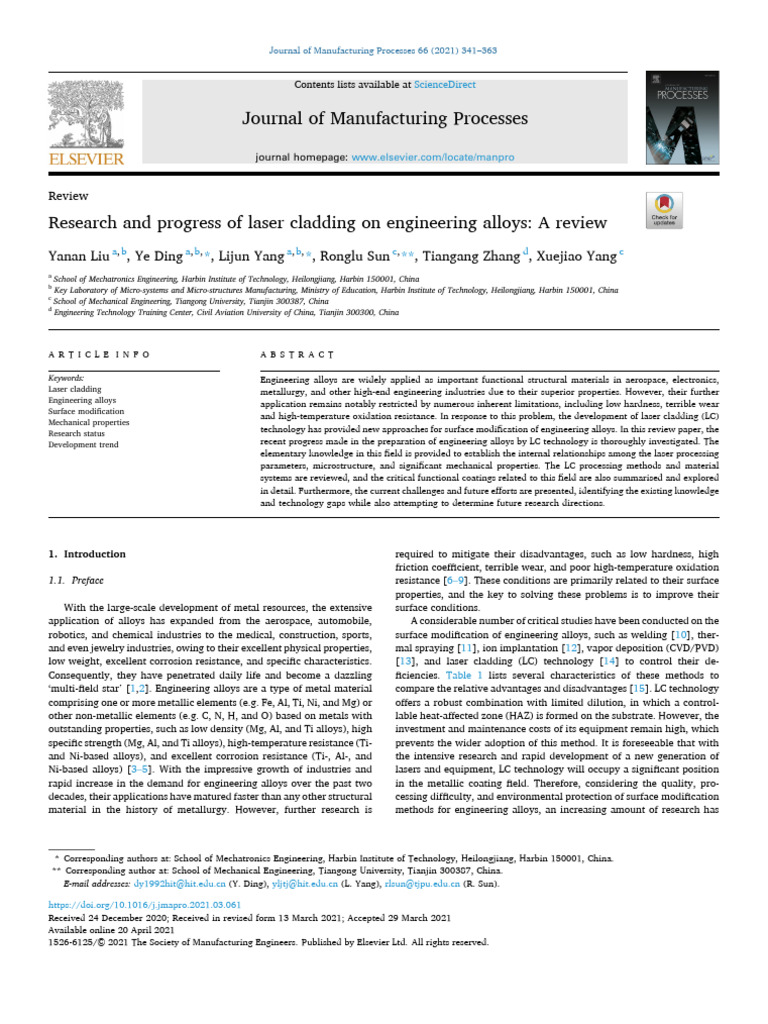 2021 Progress of Laser Cladding On Engineering Alloys A Review | PDF