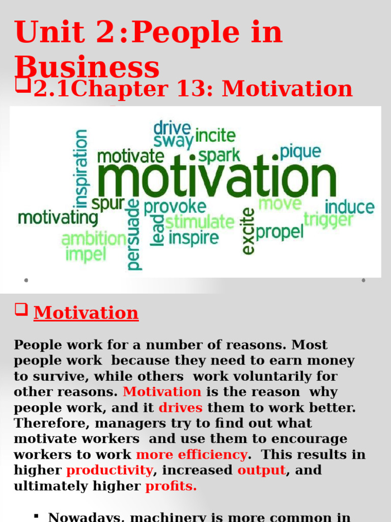 2.1chapter 13: Motivation at Work: Unit 2:people in Business | PDF