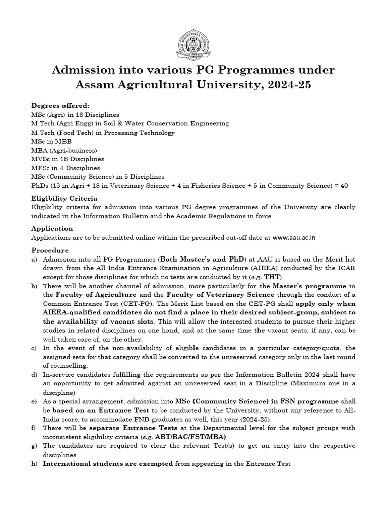 Procedure For Admission Into PG Programmes | PDF