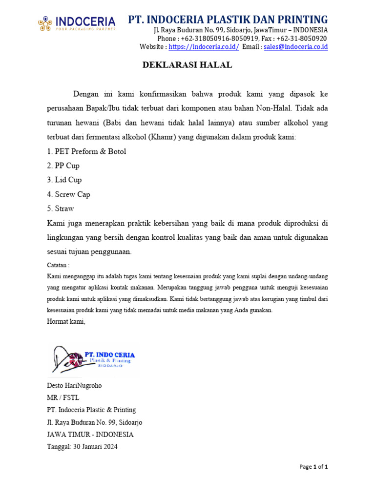 Halal Declaration All Produk Indoceria | PDF